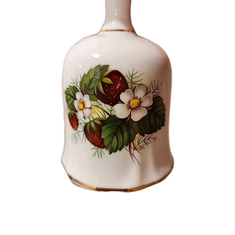 Vintage Porcelain Hand Bell Strawberries Floral Gold Accent‎ Decorative